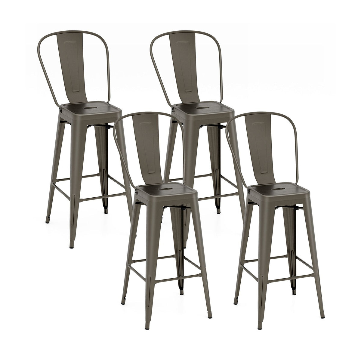Set of 4 Stackable Metal Bar Stools in Gun Metal with Removable Backs, 30 Inch Seat