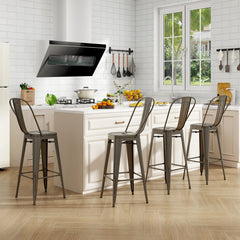 Set of 4 Stackable Metal Bar Stools in Gun Metal with Removable Backs, 30 Inch Seat