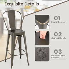 Set of 4 Stackable Metal Bar Stools in Gun Metal with Removable Backs, 30 Inch Seat