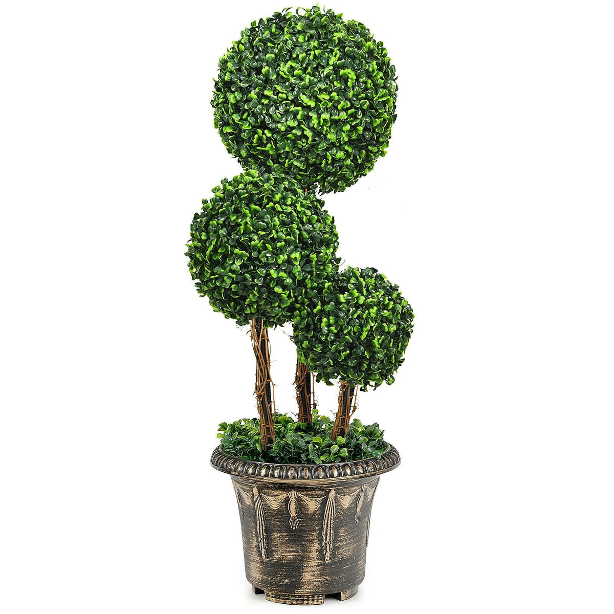 30 Inch Artificial Triple Ball Topiary Tree, UV Resistant PE Boxwood with Pot