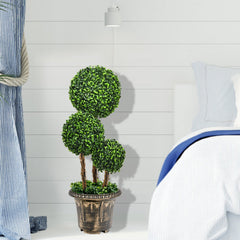 30 Inch Artificial Triple Ball Topiary Tree, UV Resistant PE Boxwood with Pot