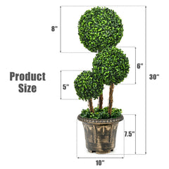 30 Inch Artificial Triple Ball Topiary Tree, UV Resistant PE Boxwood with Pot