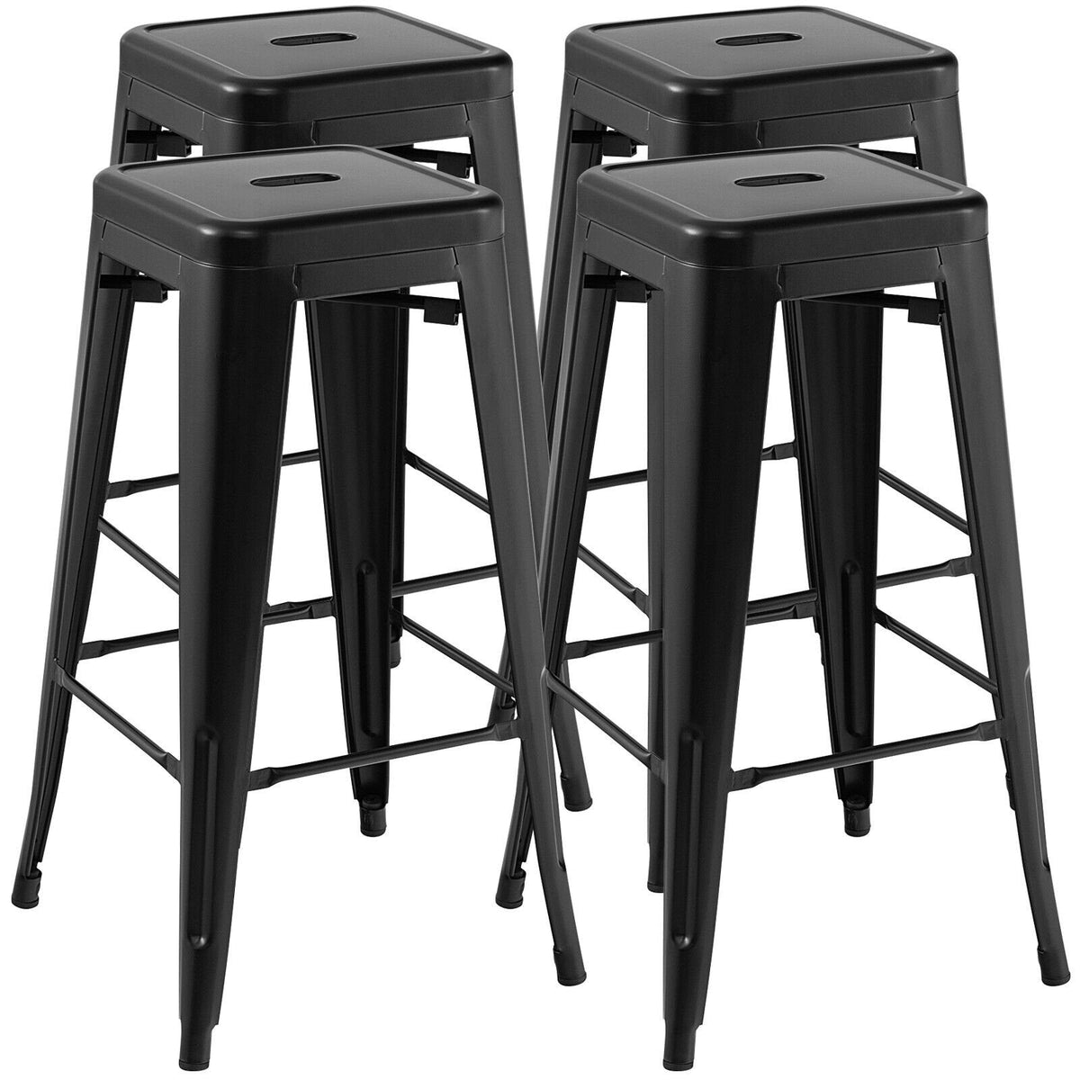 Set of 4 Stackable Metal Bar Stools in Black with Handle Slot, 30 Inch Seat Height