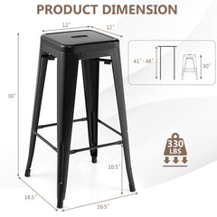 Set of 4 Stackable Metal Bar Stools in Black with Handle Slot, 30 Inch Seat Height