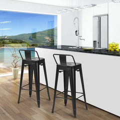 Set of 4 Metal Bar Stools with Detachable Low Back, Black, 30 Inch Seat Height, Stackable
