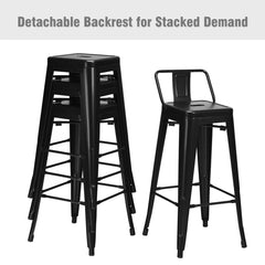 Set of 4 Metal Bar Stools with Detachable Low Back, Black, 30 Inch Seat Height, Stackable