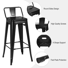 Set of 4 Metal Bar Stools with Detachable Low Back, Black, 30 Inch Seat Height, Stackable