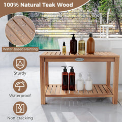 30 Inch Teak Wood Shower Bench Inside Shower Stool with Storage Shelf