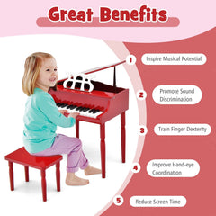 30-Key Wood Toy Kids Grand Piano with Bench and Music Rack-Red