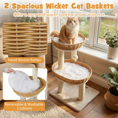 30 Inch Cat Tower with 2 Hand Woven Rattan Baskets, Sisal Posts and Washable Cushions, Beige