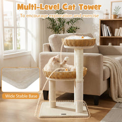 30 Inch Cat Tower with 2 Hand Woven Rattan Baskets, Sisal Posts and Washable Cushions, Beige