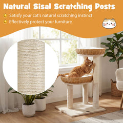 30 Inch Cat Tower with 2 Hand Woven Rattan Baskets, Sisal Posts and Washable Cushions, Beige