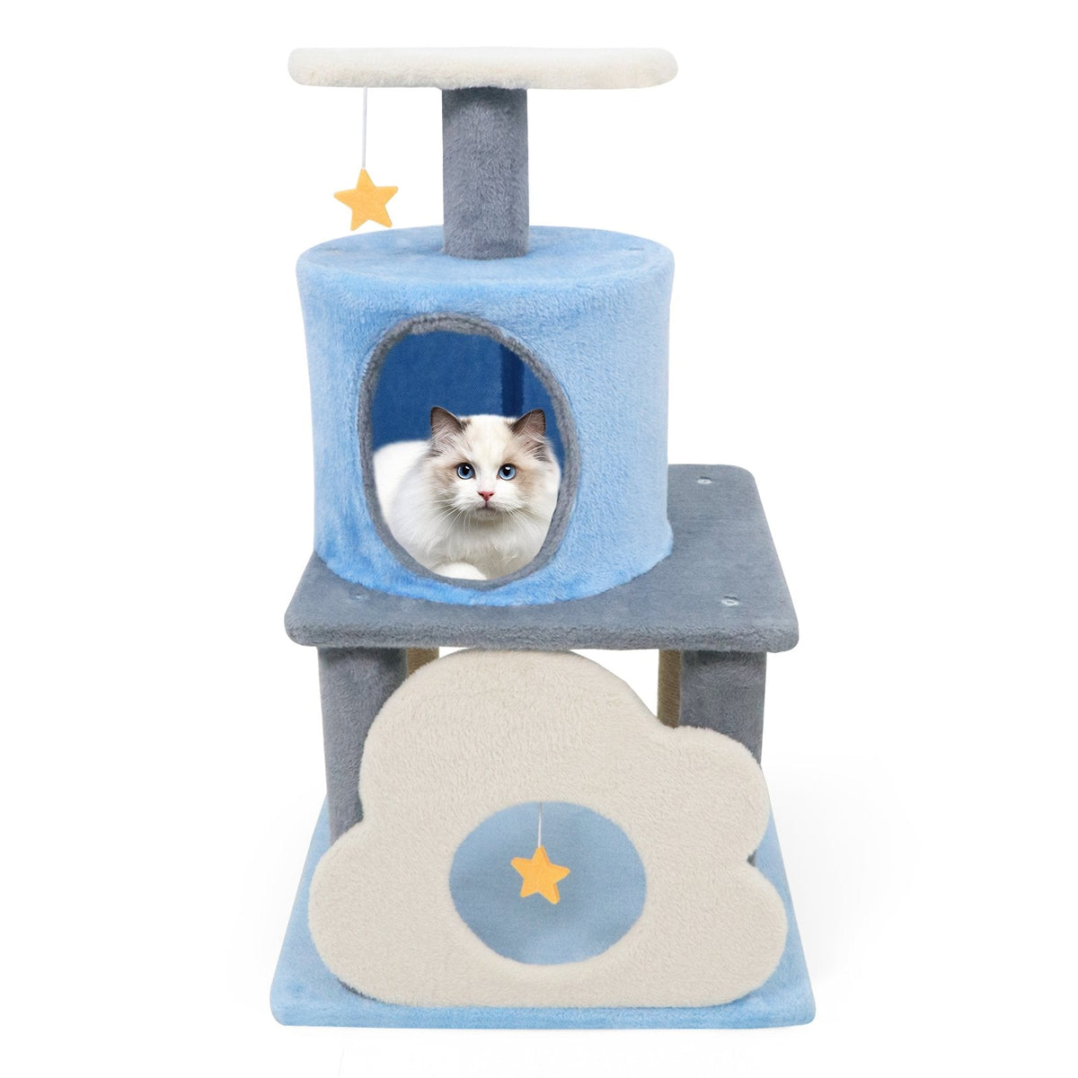 31.5 Inch Cat Tree with Moon Top Perch, Cloud Cave Platform and Jute Posts, Blue