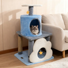 31.5 Inch Cat Tree with Moon Top Perch, Cloud Cave Platform and Jute Posts, Blue