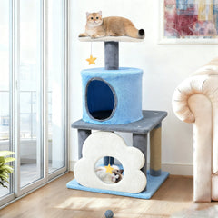 31.5 Inch Cat Tree with Moon Top Perch, Cloud Cave Platform and Jute Posts, Blue