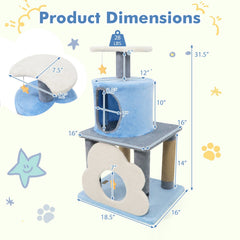 31.5 Inch Cat Tree with Moon Top Perch, Cloud Cave Platform and Jute Posts, Blue