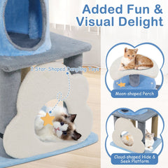 31.5 Inch Cat Tree with Moon Top Perch, Cloud Cave Platform and Jute Posts, Blue