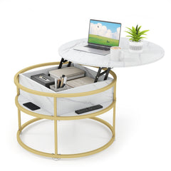31.5 Inch Round Lift Top Coffee Table with Hidden Compartment and Side Shelves-White