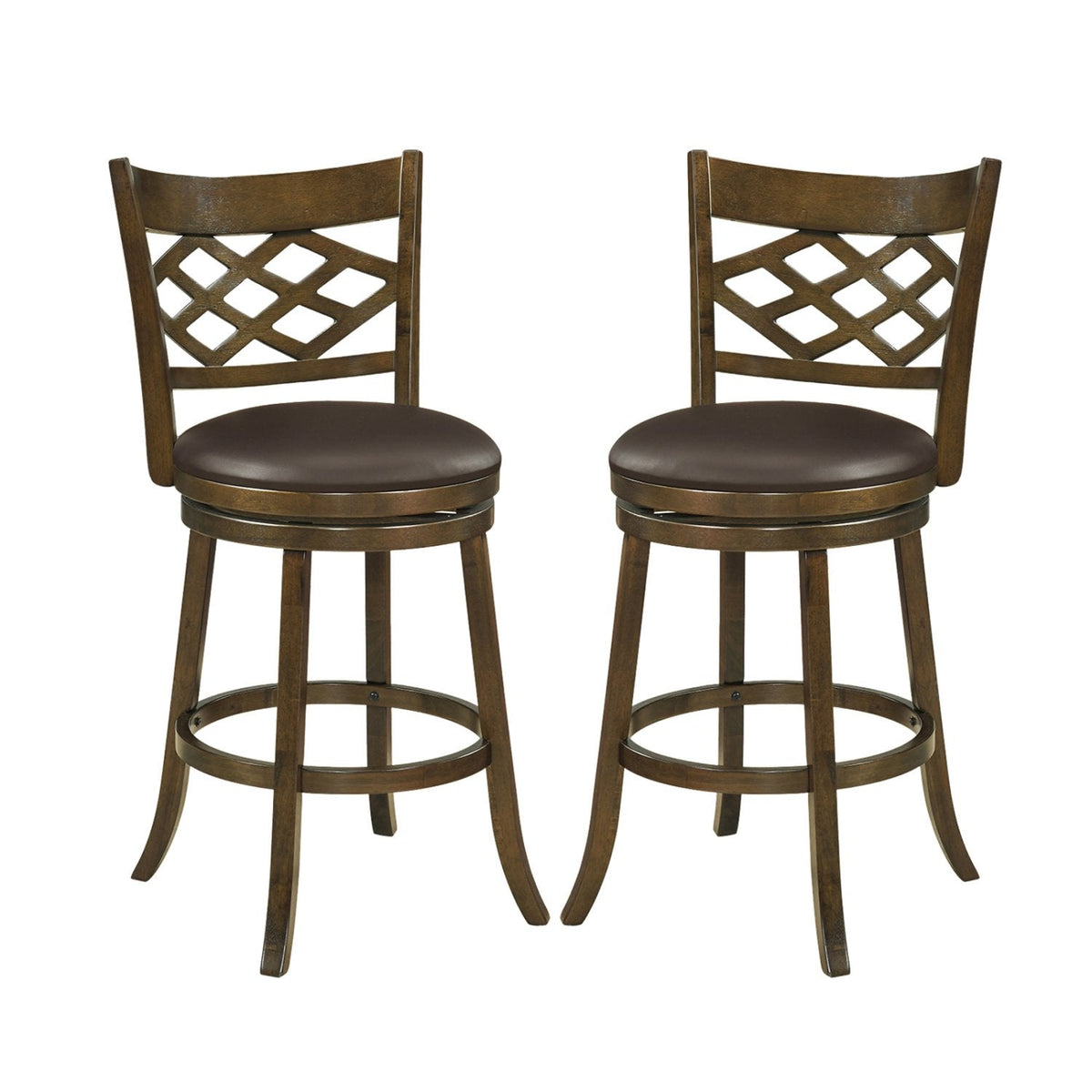 Set of 2 Lattice Back Swivel Bar Stools in Walnut with 20 Inch Seat, 31 Inch Seat Height