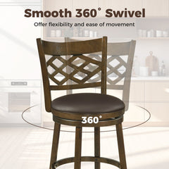 Set of 2 Lattice Back Swivel Bar Stools in Walnut with 20 Inch Seat, 31 Inch Seat Height