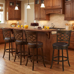Set of 2 Lattice Back Swivel Bar Stools in Walnut with 20 Inch Seat, 31 Inch Seat Height