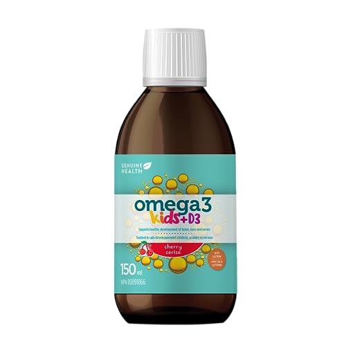 Genuine Health Omega3+ Kids + D3, 150ml bottle, 718mg of EPA, 448mg of DHA, 600IU Vitamin D3, Made with Lutein, Supports children's eye, brain and nerve development, Cherry flavoured liquid, Wild-caught