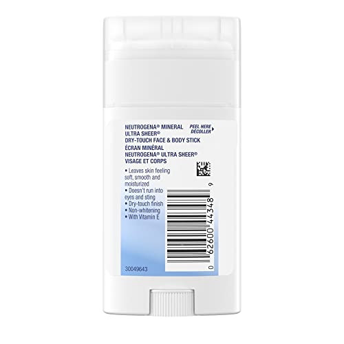 Neutrogena Mineral Ultra Sheer Dry-Touch Face & Body Stick SPF 50 - With Vitamin E - Sun Protection - Zinc Oxide - 42g, White