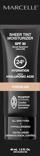 Marcelle Sheer Tint Moisturizer SPF 30, Porcelain, with Hyaluronic Acid and Aloe, Hypoallergenic, Non-Comedogenic, Fragrance-Free, Paraben-Free, Oil-Free, 40 mL