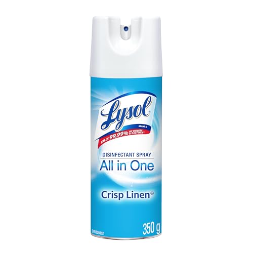 Lysol Disinfectant Spray, All in One, Crisp Linen, Disinfect and Eliminate Odours on Hard Surfaces and Fabrics, Kills 99.99% of Viruses & Bacteria, 350g
