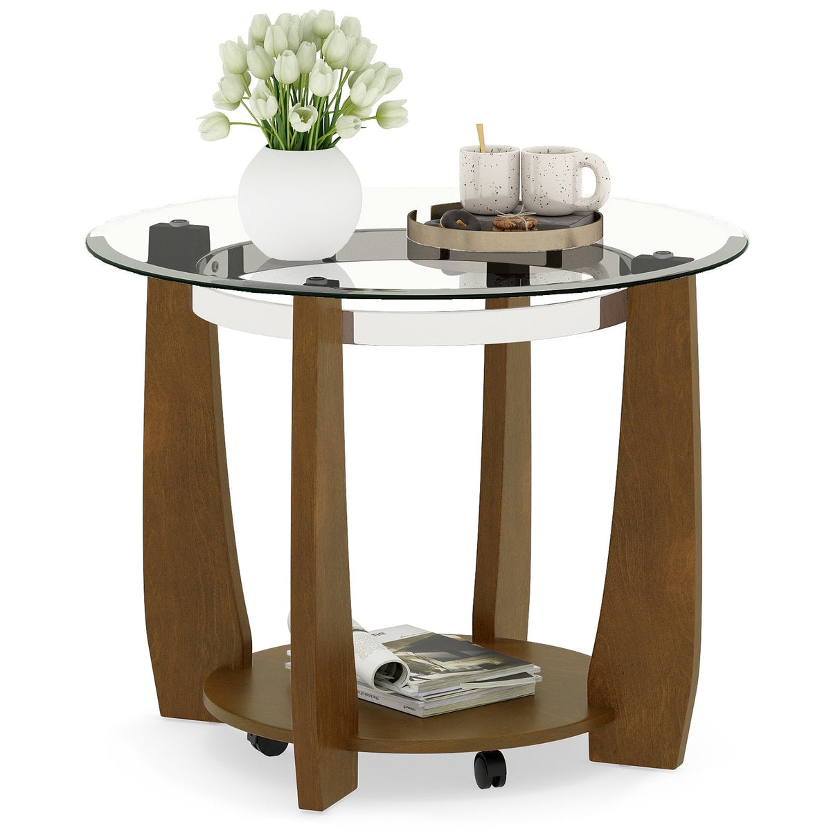 32 inches 2-Tier Glass Round Coffee Table with Storage Shelf-Walnut