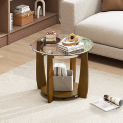 32 inches 2-Tier Glass Round Coffee Table with Storage Shelf-Walnut