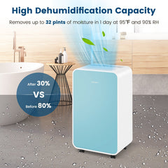 32 Pint Quiet Dehumidifier for Rooms up to 2500 Sq Ft, 9 Pints DOE, 33 dB, ETL and DOE, Blue
