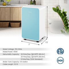 32 Pint Quiet Dehumidifier for Rooms up to 2500 Sq Ft, 9 Pints DOE, 33 dB, ETL and DOE, Blue