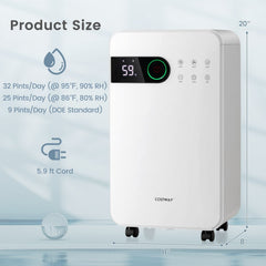 32 Pint Dehumidifier for 2000 Sq Ft, 9 Pints DOE, 33 dB Sleep Mode, 0.6 Gallon Tank, White