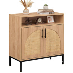 32 inches Sideboard Buffet Cabinet with 2 Natural Rattan Decorated Doors and Adjustable Shelf-Natural