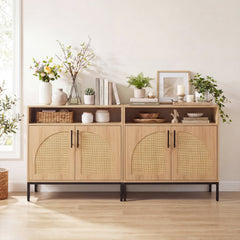 32 inches Sideboard Buffet Cabinet with 2 Natural Rattan Decorated Doors and Adjustable Shelf-Natural