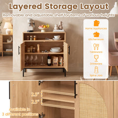 32 inches Sideboard Buffet Cabinet with 2 Natural Rattan Decorated Doors and Adjustable Shelf-Natural