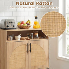 32 inches Sideboard Buffet Cabinet with 2 Natural Rattan Decorated Doors and Adjustable Shelf-Natural