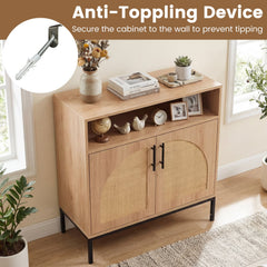 32 inches Sideboard Buffet Cabinet with 2 Natural Rattan Decorated Doors and Adjustable Shelf-Natural