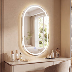 32x20 inches Oval LED Bathroom Mirror with Front & Backlight 3 Colors Stepless Dimming-Silver