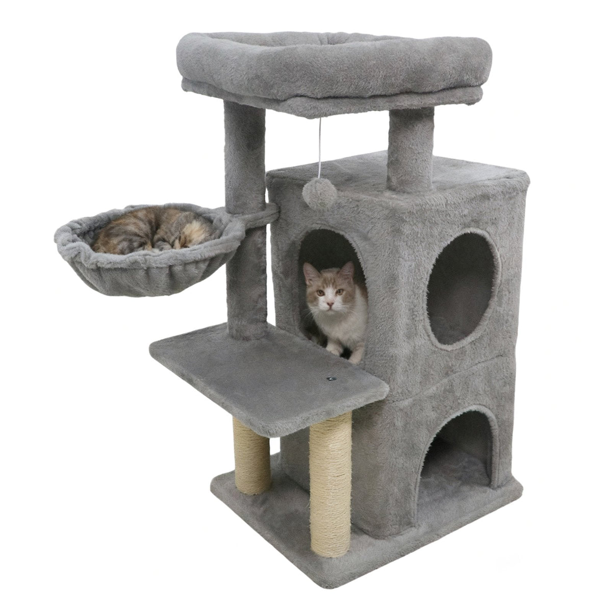 33.5 Inch Light Gray Cat Tower with 2 Tier Condo, Hanging Basket and Padded Perch