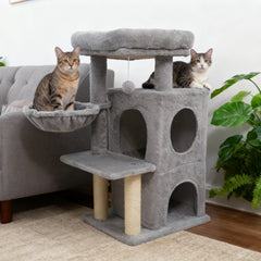 33.5 Inch Light Gray Cat Tower with 2 Tier Condo, Hanging Basket and Padded Perch