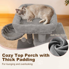 33.5 Inch Light Gray Cat Tower with 2 Tier Condo, Hanging Basket and Padded Perch