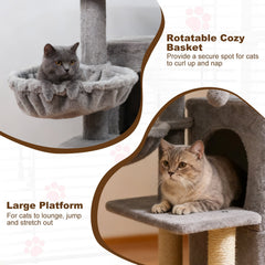33.5 Inch Light Gray Cat Tower with 2 Tier Condo, Hanging Basket and Padded Perch