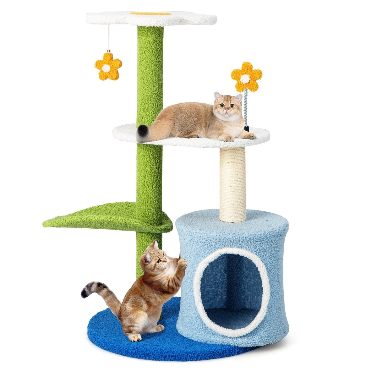 34.5 Inch 4 Tier Flower Cat Tree with Condo, Leaf Perch and Jingling Balls, Blue and Green