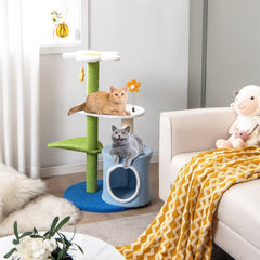 34.5 Inch 4 Tier Flower Cat Tree with Condo, Leaf Perch and Jingling Balls, Blue and Green