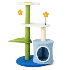 34.5 Inch 4 Tier Flower Cat Tree with Condo, Leaf Perch and Jingling Balls, Blue and Green