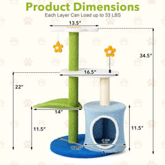 34.5 Inch 4 Tier Flower Cat Tree with Condo, Leaf Perch and Jingling Balls, Blue and Green