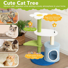 34.5 Inch 4 Tier Flower Cat Tree with Condo, Leaf Perch and Jingling Balls, Blue and Green
