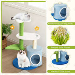 34.5 Inch 4 Tier Flower Cat Tree with Condo, Leaf Perch and Jingling Balls, Blue and Green